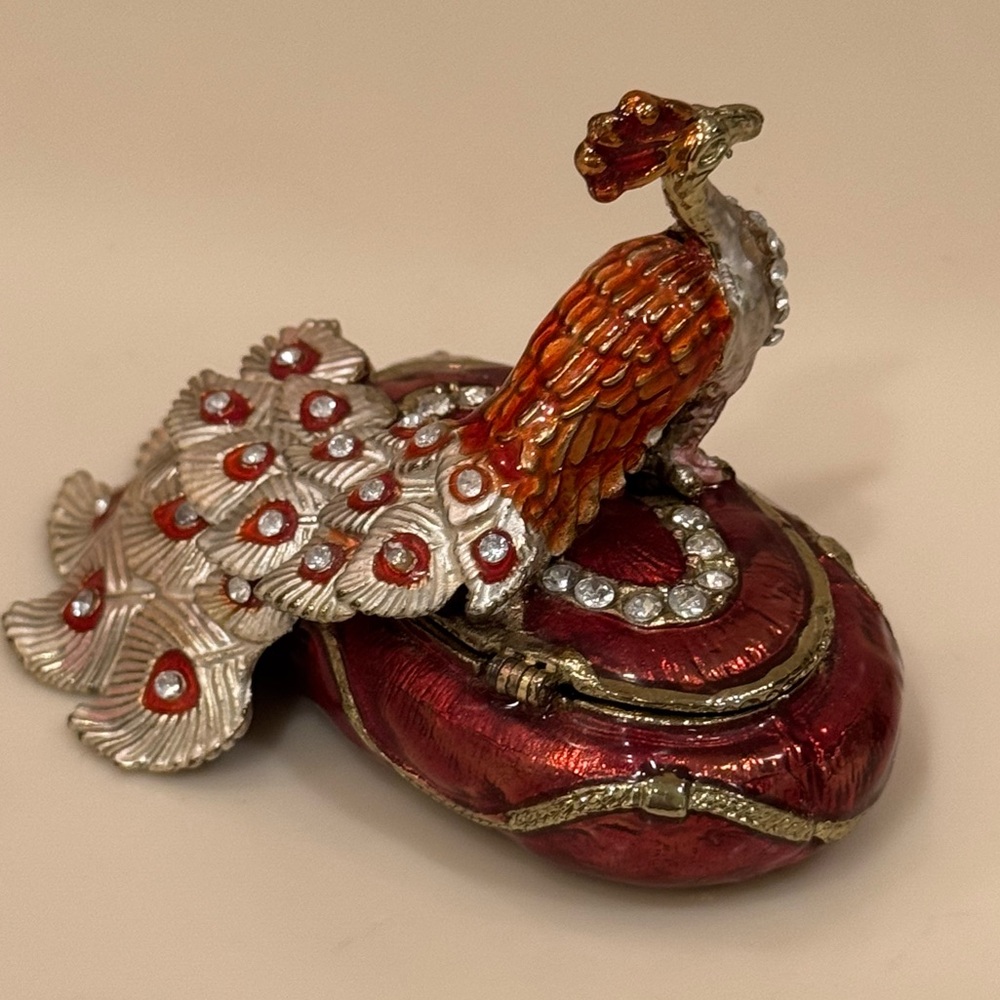 Jeweled Metal and Enamel Peacock Trinket Box With Magnetic Closure - Picture 4 of 11